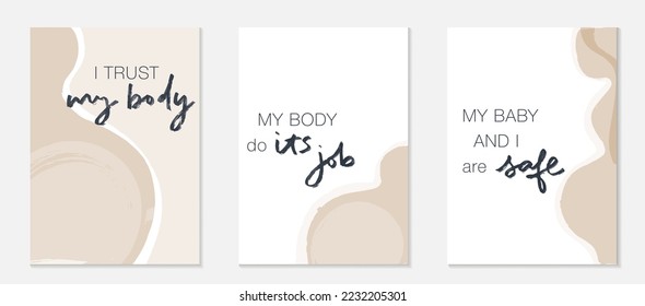 Pregnancy affirmations, positivity quotes set with abstract pregnant woman body shapes, expecting baby. Mental health, self care sayings. Mom to be motivational phrases on modern vector background. 