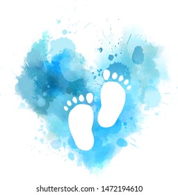 Pregnancy announcement concept illustration. Baby gender reveal concept illustration. Watercolor imitation heart with baby footprints. Blue colored - for baby boy.