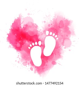 Pregnancy announcement concept illustration. Baby gender reveal concept illustration. Watercolor imitation heart with baby footprints. Pink colored - for baby girl.