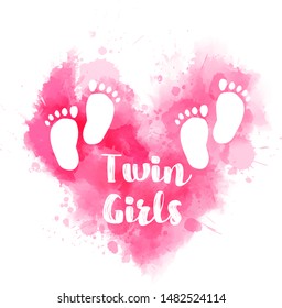 Pregnancy announcement concept illustration. Baby gender reveal concept illustration. Watercolor imitation heart with baby footprints. Pink colored - for twin girls.