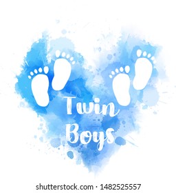 Pregnancy announcement concept illustration. Baby gender reveal concept illustration. Watercolor imitation heart with baby footprints. Blue colored - for twin boys.