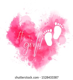 Pregnancy announcement concept illustration. Baby gender reveal concept illustration. Watercolor imitation heart with baby footprints. Pink colored - for baby girl. It's a girl.