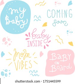 Pregnancy Announcements. My baby, Coming soon, baby inside. Lettering photography family overlay set. Baby photo album elements