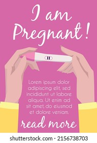 Pregnancy announcements poster template with text, woman holds positive test in hand, flat vector illustration. Motherhood and maternity concepts. Pregnancy test results with two lines.