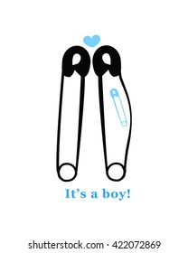 Pregnancy announcements with safety pin vector. Baby boy announcement