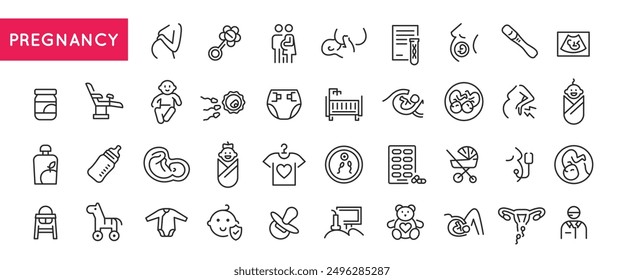 Pregnancy and baby care icons. Large set of pregnancy and baby care trendy minimal icons. Bottle, Diaper, Stroller icon. Design signs for web page, mobile app, packaging design. Vector illustration