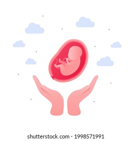 Pregnancy baby care and in vitro fertilization concept. Vector flat healthcare illustration. Human hands hold embryo in womb. Design for healthcare, education.