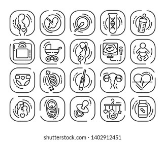 Pregnancy and Baby line icons set. Medicine symbols: mother, fetus and newborn health care, diagnostic equipment, medical tools concept. Sign for web page, mobile app, banner, social  media.