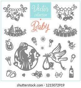 Pregnancy and Baby. Baby Shower. Set of hand drawn baby and newborn doodle for icon, banner. Newborn care. Vector illustration