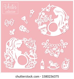 Pregnancy and Baby. Baby Shower. Set of hand drawn baby and newborn doodle for icon, banner. Newborn care. Paper cut. Laser cut. Art and craft style. Caring for a newborn. Baby girl
