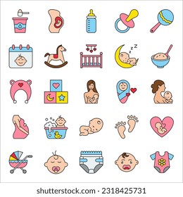 Pregnancy, Baby, Baby toys, feeding and care icons set. vector illustration on white background