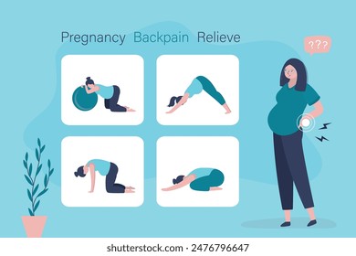 Pregnancy back pain relieve. Pregnancy stretches for back pain relieving. Set of yoga or fitness poses for pregnant woman. Girl on yoga mat doing hatha yoga. Infographic. flat vector illustration