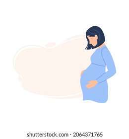 Pregnancy background. Caucasian expectant woman touching her pregnant belly. Beautiful young mother. Female parent waiting for baby birth. Happy pregnancy banner. Flat character vector illustration.