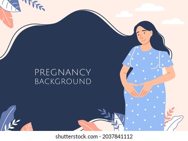 Pregnancy background. Flat happy smiling pregnant woman waiting for baby birth holding belly. Cute Caucasian expectant girl with heart hand gesture. Banner design with text space vector illustration.