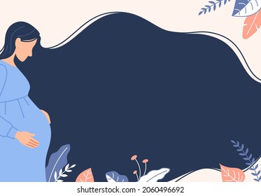 Pregnancy background. Flat pregnant woman with long dark hair waiting for baby birth holding belly. Cute Caucasian girl with abstract outdoor nature. Banner design with text space vector illustration.