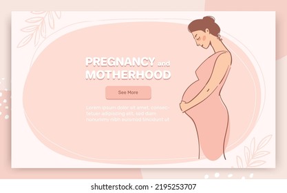 Cartel de embarazo con lugar para texto. Feliz madre embarazada, obstetricia y apoyo a la maternidad. Página de inicio de dibujos animados planos vectores en blanco.