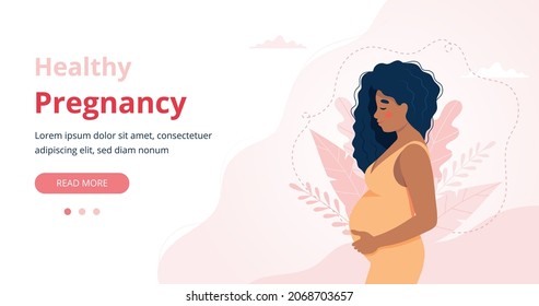 Pregnancy banner, pregnant black woman vector illustration in cute cartoon style