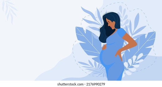 Pregnancy banner, pregnant black woman vector illustration in cute cartoon style