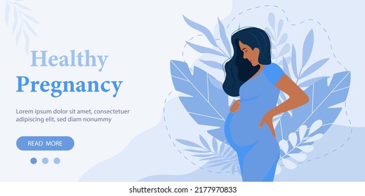 Pregnancy banner, pregnant black woman vector illustration in cute cartoon style