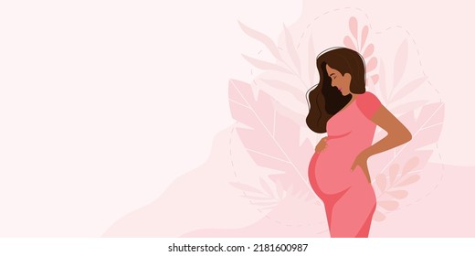 Pregnancy banner, pregnant black woman vector illustration in cute cartoon style