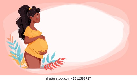 Pregnancy banner, pregnant black woman vector illustration in cute cartoon style