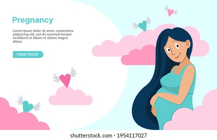 Pregnancy banner, pregnant woman, clouds, heart vector illustration in flat cartoon style