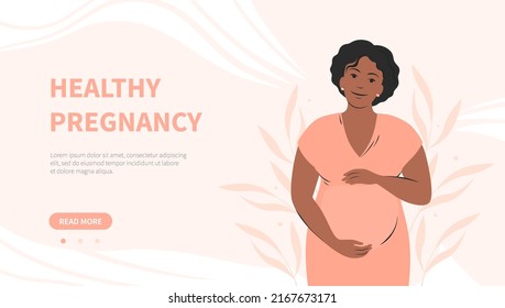 Pregnancy banner. Pregnant woman with dark hair and skin, future mom.  Vector illustration.