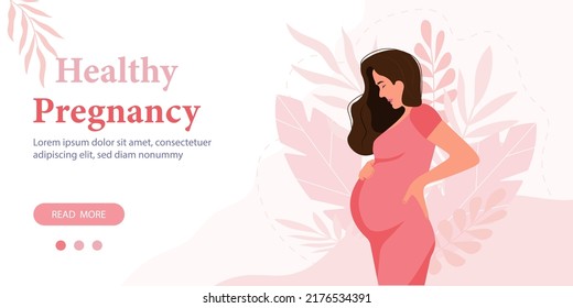 Pregnancy banner, pregnant woman vector illustration in cute cartoon style