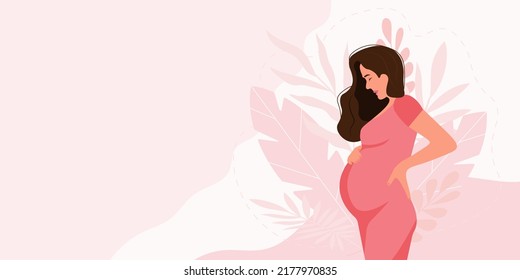 Pregnancy banner, pregnant woman vector illustration in cute cartoon style