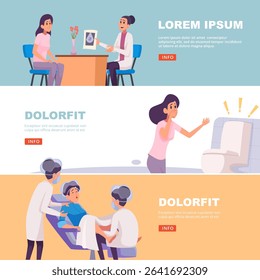 Pregnancy banners. female characters in doctor consulting for pregnancy stages