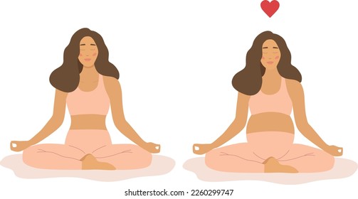 Schwangerschaft. Vorher. Eine schwangere Frau meditiert in der Lotusposition und praktiziert Yoga. Das Konzept von Yoga, Meditation, Entspannung, Gesundheit, Schwangerschaft, Mutterschaft. Atemübungen und Gesundheit