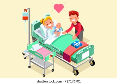 Pregnancy and birth cartoon vector illustration. Pregnant mother young girl in hospital bed with newborn baby new mom with child. Maternity and medical infographic isometric people design