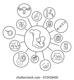 Pregnancy and birth infographics. Medicine and pregnancy. Baby care, mother birth illustration. Pregnancy planning and motherhood.