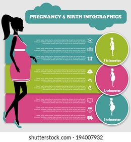 Pregnancy and birth infographics and pregnancy stages.