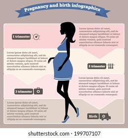 Pregnancy and birth infographics and pregnancy stages.