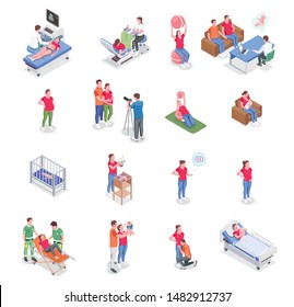 Pregnancy and birth isometric icons set with pregnant women and parents in different situation isolated on white background 3d vector illustration