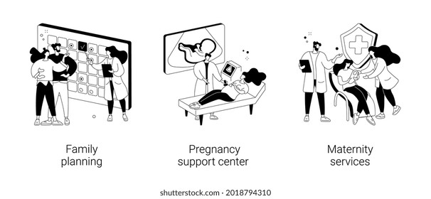 Pregnancy and birth support abstract concept vector illustration set. Family planning, pregnancy support center, maternity services, women healthcare, perinatal care, contraception abstract metaphor.
