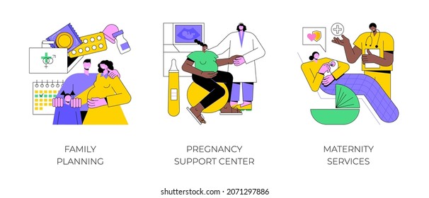 Pregnancy and birth support abstract concept vector illustration set. Family planning, pregnancy support center, maternity services, women healthcare, perinatal care, contraception abstract metaphor.