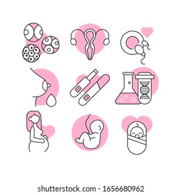 Pregnancy and birthicons set isolated on white background. Pregnant woman, fetus, newborn, uterus, dna test. Vector illustration 
