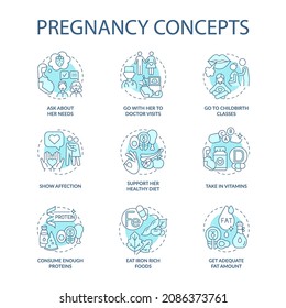 Pregnancy blue concept icons set. Expecting mother needs idea thin line color illustrations. Support her healthy diet. Take in vitamins. Vector isolated outline drawings. Editable stroke