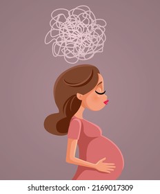 
Pregnancy Brain Concept Illustration of a Woman Feeling Sad. Stressed mother to be having a mommy brain case of anxiety
