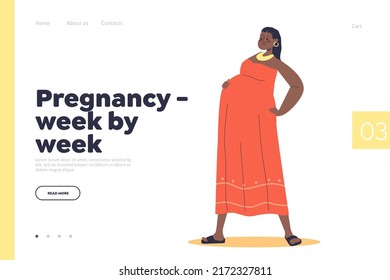 El concepto de embarazo por semana de la página de inicio con una joven africana embarazada. Mujer negra vestida con ropa tradicional que da a luz. Madre futura y maternidad. Dibujo vectorial plano de dibujos animados