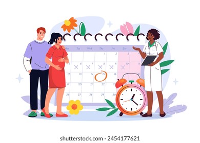 Pregnancy calendar concept. Man and pregnant woman visit doctor. Female reproductive system and fertility. Anatomy and biology. Health care and medicine. Cartoon flat vector illustration