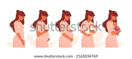 Pregnancy Calendar concept. Woman goes through all stages of pregnancy from conception to childbirth. Changes in female body during pregnancy. Cartoon flat vector set isolated on white background