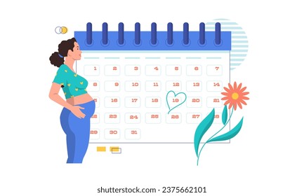 Pregnancy calendar. Monthly countdown with pregnant woman, cartoon gynecology appointment with due mother baby. Vector illustration. Female character expecting kid, cute mum hugs belly