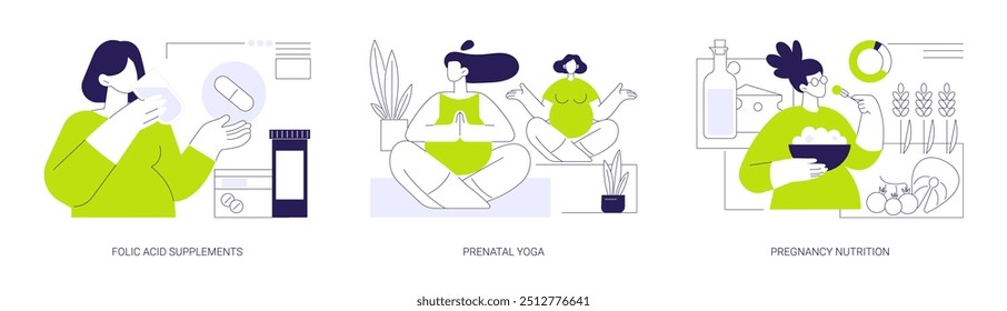 Pregnancy care abstract concept vector illustration set. Folic acid supplements, prenatal yoga, pregnancy nutrition, reproductive medicine, healthy diet, happy motherhood abstract metaphor.