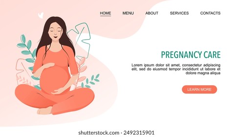 Pregnancy Care landing web page template with pregnant woman sitting in lotus pose