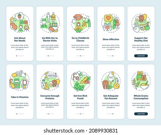 Pregnancy care onboarding mobile app page screen set. Showing affection and support walkthrough 5 steps graphic instructions with concepts. UI, UX, GUI vector template with linear color illustrations