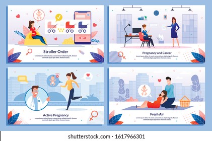 Pregnancy and Career, Pregnant Woman Activity on Fresh Air Trendy Flat Vector Banner, Poster Set. Lady Buying Stroller,Works in Office, Jogging, Going on Picnic in City Park with Husband Illustration