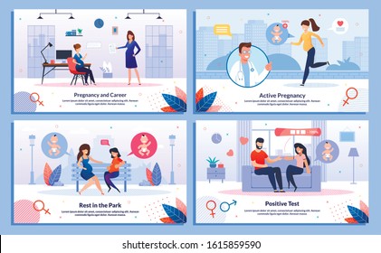 Pregnancy and Career, Pregnant Woman Leisure and Active Life, Test Positive Reaction Trendy Flat Vector Banner, Poster Set. Woman Works in Office, Jogging, Telling Husband About Pregnancy Illustration